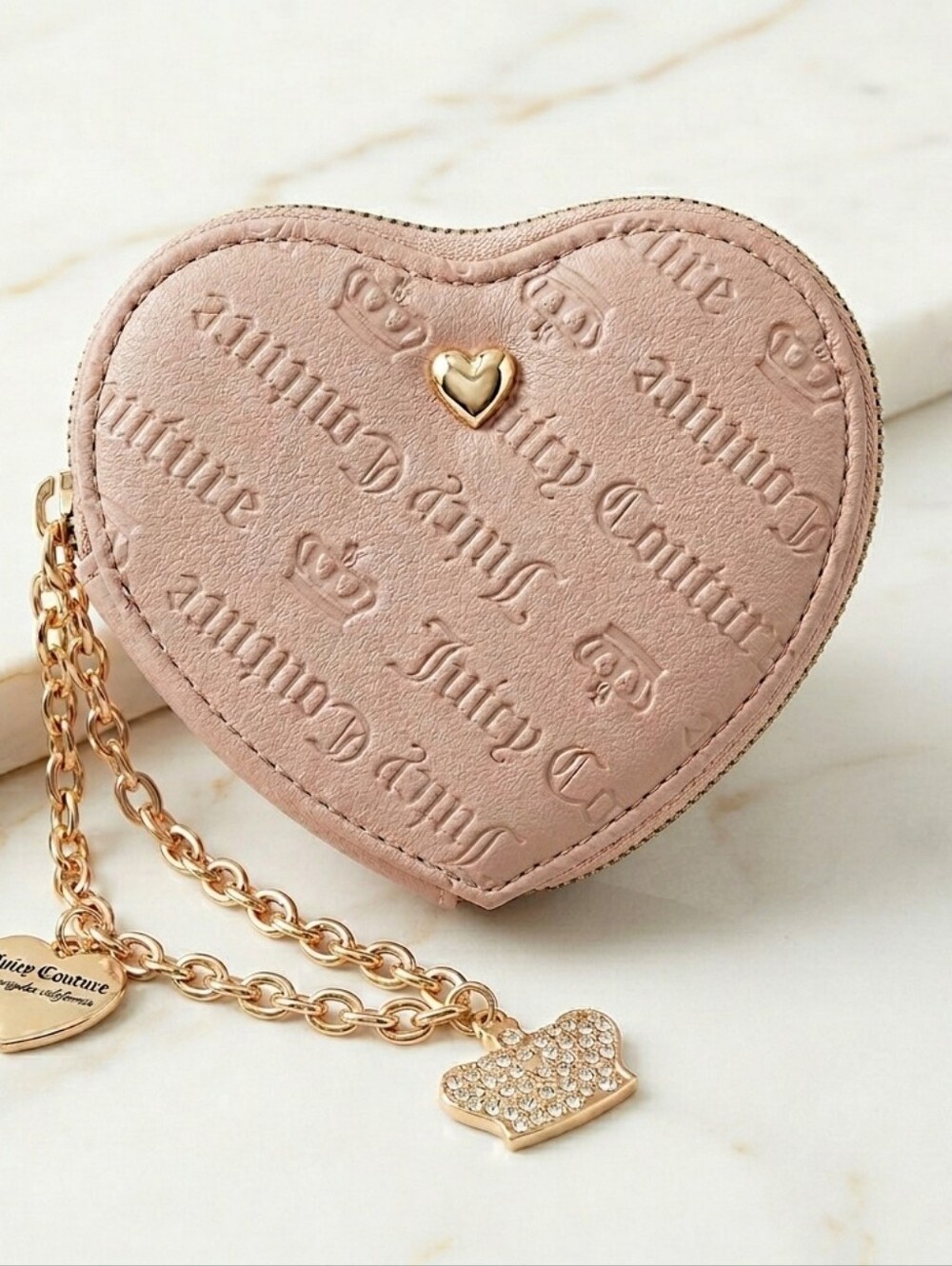 Juicy Couture Pink Embossed Heart Coin Purse Pouch with Rhinestone Crown Charm